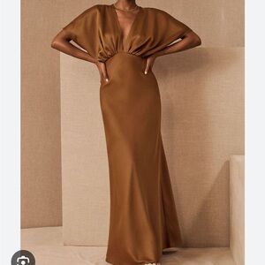 BHLDN 6 Leila Deep-V Flutter Sleeve Satin Mocha Gown Dress Maxi 58"